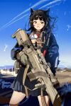  1girl absurdres animal_ear_fluff animal_ears anti-materiel_rifle barrett_m82 black_hair black_jacket black_skirt blunt_bangs blush brown_eyes bulletproof_vest cat_ears cat_girl cat_tail gun headphones highres holding holding_gun holding_weapon implied_extra_ears jacket looking_at_viewer original parted_lips pleated_skirt rifle skirt smile sniper_rifle solo tail twice12314 weapon 