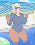  2018 anthro beach big_breasts bovine breasts cattle clothed clothing doodle_dip female fur hair looking_at_viewer mammal momo_(doodle_dip) seaside solo sweater swimsuit 