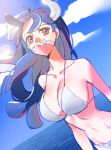  1girl bikini blue_hair blue_sky breasts cleavage cloud cloudy_sky collarbone commentary horizon horns large_breasts long_hair looking_at_viewer lowres mask mouth_mask navel ocean one_piece outdoors pink_eyes raine_(acke2445) sky solo stomach swimsuit symbol-only_commentary ulti_(one_piece) upper_body white_bikini 