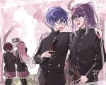  2boys 2girls anno_voc arm_around_shoulder black_hairband black_jacket black_thighhighs blue_eyes blue_hair brown_hair cherry_blossoms diploma_tube falling_petals gakuran hairband highres jacket kaito_(vocaloid) kamui_gakupo long_hair looking_at_another male_focus megurine_luka meiko_(vocaloid) multiple_boys multiple_girls one_eye_closed open_mouth petals pink_hair pink_skirt pleated_skirt ponytail purple_hair school_uniform selfie short_hair skirt smile spring_(season) thighhighs very_long_hair vocaloid 