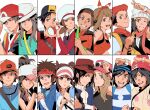  6+boys 6+girls :d :o absurdres arm_up baseball_cap beanie black_hair black_hat black_vest blue_jacket bow_hairband bracelet brendan_(pokemon) bright_pupils brown_eyes brown_hair calem_(pokemon) closed_mouth commentary_request dawn_(pokemon) elio_(pokemon) ethan_(pokemon) eyewear_on_headwear green_shirt grin hairband hat highres hilbert_(pokemon) hilda_(pokemon) jacket jewelry korean_commentary leaf_(pokemon) looking_at_viewer lucas_(pokemon) lyra_(pokemon) may_(pokemon) multiple_boys multiple_girls nate_(pokemon) one_eye_closed open_clothes open_mouth open_vest overalls pokemon pokemon_bw pokemon_bw2 pokemon_dppt pokemon_frlg pokemon_hgss pokemon_oras pokemon_sm pokemon_xy raglan_sleeves red_(pokemon) red_hairband red_hat red_jacket red_scarf red_vest rosa_(pokemon) sangrokei scarf selene_(pokemon) serena_(pokemon) shirt short_hair short_sleeves sidelocks sleeveless sleeveless_shirt smile split_mouth striped_clothes striped_shirt sunglasses t-shirt teeth upper_teeth_only vest visor_cap white_hat white_pupils white_shirt z-ring zipper_pull_tab 