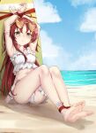  1girl absurdres arknights armpits arms_up barefoot beach bikini bikini_skirt blue_sky bound breasts cloud commentary commission day earrings eyewear_on_head feet flower frilled_bikini frills green_eyes hair_flower hair_ornament heart heart-shaped_eyewear heart_earrings highres jewelry long_hair medium_breasts myrtle_(arknights) myrtle_(summer_flowers)_(arknights) navel ocean official_alternate_costume pointy_ears restrained sky soles solo stomach sunglasses swimsuit tetsuffy_(tetsulul) toes white_bikini 