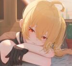  1girl absurdres ahoge aooni_09 black_choker black_gloves blonde_hair bright_pupils choker closed_mouth gloves hair_between_eyes half_gloves highres long_hair looking_at_viewer luciana_de_montefio red_eyes side_ponytail signature solo white_pupils zenless_zone_zero 