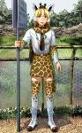  animal_ears antennae belt blonde_hair blush brown_neckwear commentary cosplay day fence full_body grass hat highres holding holding_sign kemono_friends long_hair long_sleeves male_focus open_mouth outdoors reticulated_giraffe_(kemono_friends) reticulated_giraffe_(kemono_friends)_(cosplay) short_sleeves sign sky solo standing translation_request tree welt_(kinsei_koutenkyoku) 