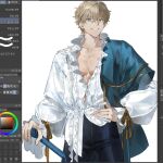  1boy art_program_in_frame blonde_hair blue_eyes cowboy_shot excalibur_galatine_(fate) fate/grand_order fate_(series) gawain_(fate) gawain_(fgo_fes._2025)_(fate) hand_on_hilt hand_on_own_hip long_sleeves looking_at_viewer male_focus open_mouth pectorals potato_goril shirt short_hair simple_background smile solo wavy_hair white_background white_shirt 
