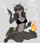 2025 4_toes 5_fingers anthro biped bottomwear bra breasts brown_hair cigarette claws clothed clothed_anthro clothed_female clothing countershade_fur countershade_torso countershading digital_media_(artwork) feet female finger_claws fingers fire front_view fur grey_body grey_eyes grey_fur grey_tail hair hi_res holding_cigarette holding_object kneeling mammal object_in_mouth pants procyonid racc_(raccoattack) raccoattack raccoon simple_background smile smoke solo tail teeth toe_claws toes underwear