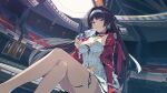  1girl absurdres astra_yao bad_link black_hair breasts cleavage crossed_legs dress earrings feet_out_of_frame hairband highres hime_cut jewelry large_breasts long_hair looking_at_viewer necklace official_art official_wallpaper red_eyes sitting skindentation smile solo thigh_strap thighs ticket white_dress white_hairband zenless_zone_zero 