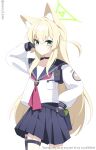  absurdres animal_ears belt blonde_hair blue_archive blue_sailor_collar blue_skirt breasts choker fox_ears fox_girl fox_platoon_(blue_archive) green_eyes green_halo gunbelt hair_between_eyes halo highres holster kurumi_(blue_archive) murasame_(sword_of_nmkr) neckerchief red_neckerchief sailor_collar school_uniform serafuku shirt simple_background skirt small_breasts thigh_holster thighs white_background white_shirt 