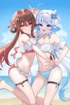  2girls :d absurdres ahoge alternate_costume arm_up bare_shoulders beach bikini blue_bow blue_eyes blue_gemstone blue_hair blue_nails blue_pupils blue_sky blush bow breasts brown_hair cloud collarbone commentary_request day eyewear_on_head fingernails flower-shaped_pupils frilled_bikini frills furina_(genshin_impact) gem genshin_impact gradient_hair grin hair_between_eyes hair_bow hand_on_own_hip heterochromia highres hu_tao_(genshin_impact) jewelry long_hair looking_at_viewer medium_breasts multicolored_hair multiple_girls nail_polish navel necklace open_mouth outdoors red-tinted_eyewear red_eyes red_hair red_nails revision round_eyewear side-tie_bikini_bottom sky smile stomach streaked_hair swimsuit symbol-shaped_pupils thigh_strap tinted_eyewear twintails v water white_bikini white_hair yellow-framed_eyewear yukiunag1 