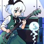  1girl amplifier black_bow black_bowtie black_hairband bow bowtie bright_pupils electric_guitar ghost gramgarage9 green_eyes green_skirt green_vest grey_hair guitar hairband highres hitodama holding holding_instrument instrument konpaku_youmu konpaku_youmu_(ghost) music playing_instrument sheath short_hair skirt skirt_set solo touhou upper_body vest 