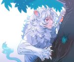  1other ambiguous_gender animal animal_ears animal_hands body_fur bug cat_boy cat_paws claws climbing climbing_tree closed_mouth expressionless human_head isaki_(shimesaba) leaf mane monster_boy original plant red_eyes solo sphinx tail tail_tuft tree white_fur white_hair 