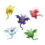 :d antennae bat_wings colored_skin colored_tongue commentary_request creature creature_focus drackmage drackolyte dracky drackyma dragon_quest fangs green_skin kosuga_kumi no_humans open_mouth purple_skin purple_tongue red_skin smile snowflakes tail tundracky white_background white_skin wings yellow_skin 