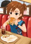  1boy booth_seating bracelet brown_eyes brown_hair burger commentary_request cup drinking_straw eating food food_on_face food_wrapper french_fries half_updo hanahanamomo55 holding holding_burger holding_food idolmaster idolmaster_side-m indoors jewelry looking_at_viewer onion_rings plate restaurant shirt short_sleeves soda solo_focus t-shirt tachibana_shiro_(idolmaster) tray watch wristwatch 