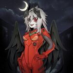  1girl absurdres artist_request bird_wings black_eyes black_hair bodysuit cosplay crescent_moon heterochromia highres indie_virtual_youtuber mecha_pilot_suit moon multicolored_hair nemo_nevermore neon_genesis_evangelion night night_sky open_mouth plugsuit_(evangelion) red_bodysuit red_eyes second-party_source sky smile souryuu_asuka_langley souryuu_asuka_langley_(cosplay) virtual_youtuber white_hair wings yumemorimk2 