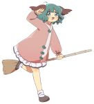  :d ahoge animal_ears blush broom commentary full_body green_eyes green_hair highres holding holding_broom kasodani_kyouko long_sleeves open_mouth sasa_kichi short_hair simple_background smile solo standing standing_on_one_leg touhou v-shaped_eyebrows wavy_hair white_background 