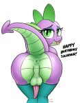  2018 absurd_res anthro anus backsack balls butt clothing dragon english_text eyeshadow friendship_is_magic girly green_balls green_eyes hi_res legwear looking_at_viewer looking_back makeup male my_little_pony perineum raised_tail rear_view scalie selenophile signature simple_background smile solo spike_(mlp) text thigh_highs tongue tongue_out white_background 
