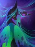  2018 altblast changeling equine female feral friendship_is_magic green_sclera hair horn insect_wings long_hair mammal my_little_pony nude portrait purple_background queen_chrysalis_(mlp) signature simple_background slit_pupils solo teal_eyes teal_hair wings 