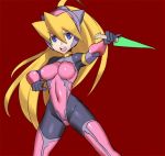  alternate_costume bangs blonde_hair blue_eyes bodysuit breasts capcom ciel_(rockman) commentary_request cosplay cosplay_request covered_navel energy_blade eyebrows_visible_through_hair gloves hair_between_eyes high_ponytail holding holding_weapon legs_apart leotard long_hair looking_at_viewer medium_breasts ninja open_mouth pinky_out ponytail rockman rockman_zero simple_background skin_tight solo taimanin_(series) teeth thighhighs ukimukai very_long_hair weapon 