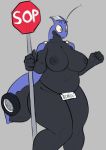  2018 anthro areola automorph big_breasts biped breasts convenient_censorship digital_drawing_(artwork) digital_media_(artwork) female huge_breasts license_plate machine nipples nude remanedur robot slightly_chubby smile standing stop_sign thick_thighs voluptuous wide_hips 