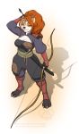  2018 3_toes anthro arrow bow breasts brown_hair brown_nose clothed clothing digital_media_(artwork) female green_eyes hair holding_object holding_weapon kittydee mammal melee_weapon smile standing sword toes unknown_species weapon 