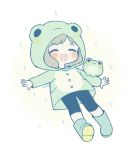  :3 :d animal_hood animal_on_arm ayu_(mog) bike_shorts black_border blush boots border brown_hair chibi closed_eyes facing_viewer frog frog_hood green_footwear grey_background hood hood_up long_sleeves open_mouth original outstretched_arms rain raincoat rubber_boots signature simple_background smile solo spread_arms 