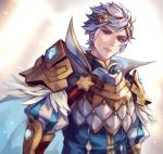  aokamei armor belt blue_cape blue_eyes cape closed_mouth collar commentary english_commentary expressionless feathers fire_emblem fire_emblem_heroes hair_ornament highres hrid_(fire_emblem_heroes) lips male_focus multicolored_hair puffy_sleeves shoulder_armor silver_hair solo standing 