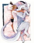  anthro antlers bed blue_eyes blush cervine chital claws clothing cloven_hooves deer-spangle dewclaws dragon feathered_wings feathers female feral hooved_fingers hooves horn hug lingerie male mammal poodlewool spooning spots underwear wings zephyr_(dragon) 