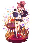 :d ankle_bow ankle_ribbon bare_legs between_breasts black_footwear black_skirt bow bracelet breasts castle cleavage crown disgaea faux_figurine feather_boa full_body harada_takehito heart jewelry looking_at_viewer makai_senki_disgaea_5 makai_wars medium_breasts miniskirt navel necktie necktie_between_breasts official_art open_mouth pink_hair pointy_ears ponytail purple_eyes red_neckwear ribbon sandals seraphina_(disgaea) short_hair sidelocks skirt smile solo standing 