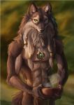  2018 5_fingers akineza anthro beard black_nose brown_fur canine clothing digital_media_(artwork) facial_hair feather_in_hair feathers fur green_eyes holding_object jewelry loincloth male mammal necklace solo standing tan_fur wolf 