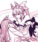  animal_ear_fluff animal_ears bangs bare_shoulders bow breasts cleavage detached_sleeves fate/extra fate_(series) fox_ears hair_bow hooreng kishinami_hakuno_(female) long_hair long_sleeves looking_at_another monochrome multiple_girls sketch sleeping smile tamamo_(fate)_(all) tamamo_no_mae_(fate) upper_body yuri 