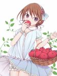  apple basket bloomers blue_eyes breasts brown_hair cleavage codemofel commentary_request dress eyebrows_visible_through_hair flower food fruit hair_between_eyes hair_ribbon hairband highres holding holding_food holding_fruit kantai_collection looking_at_viewer low_twintails purple_eyes ribbon rose shirayuki_(kantai_collection) short_hair short_sleeves small_breasts smile snow_white solo twintails underwear white_bloomers wrist_cuffs 