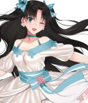  blue_eyes commentary_request dress earrings fate/stay_night fate_(series) flower_earrings hair_ribbon jewelry long_hair one_eye_closed open_mouth ribbon toosaka_rin two_side_up yaoshi_jun 
