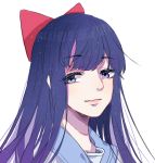  bangs blue_eyes blue_hair bow closed_mouth commentary_request ears_visible_through_hair eyebrows_visible_through_hair hair_bow highres long_hair looking_at_viewer pipimi poptepipic portrait queque_(1007164460) red_bow school_uniform serafuku simple_background smile solo swept_bangs white_background 