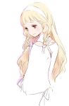  1girl artist_request blonde_hair braid character_request cowboy_shot flat_chest light_smile long_hair looking_away orange_eyes smile solo white_background white_clothes 
