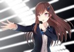  1girl black_jacket blurry blurry_background brown_hair caopy123 cocoa_music doumyouji_cocoa dress_shirt floating_hair hair_ornament hairclip holding holding_microphone jacket long_hair microphone music open_clothes open_jacket open_mouth outstretched_arm purple_eyes shirt singing solo upper_body very_long_hair virtual_youtuber white_shirt 