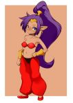  2018 blue_eyes clothed clothing ear_piercing female footwear genie hair hand_on_hip humanoid j7w midriff navel not_furry pants piercing ponytail purple_hair shantae shantae_(series) shoes solo 