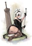  absurdres adapted_costume alternate_costume alternate_hairstyle ass black_gloves black_legwear blindfold blindfold_lift breasts cleavage feet gloves hair_bun hair_ornament hairband hairpin highres huge_weapon japanese_clothes kimono large_breasts looking_at_viewer lying mole mole_under_mouth neck_ribbon nier_(series) nier_automata on_side one_eye_covered panties paul_dang_(podang) ribbon ripples silver_hair simple_background soles solo sword thighhighs toes torn_clothes torn_legwear underwear water weapon white_panties yorha_no._2_type_b 
