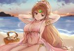  arms_behind_head artist_name basket brown_eyes brown_hair circlet closed_mouth cloud commentary fire_emblem fire_emblem:_monshou_no_nazo fire_emblem_heroes ippers linda_(fire_emblem) long_hair midriff navel pink_swimsuit ponytail sitting sky solo swimsuit water 