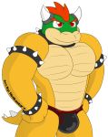  2018 alpha_channel anthro bowser briefs bulge clothing collar digital_media_(artwork) english_text hair horn koopa male mammal mario_bros muscular nintendo notkastar red_hair scalie signature simple_background sketch smile solo spikes tagme text underwear video_games 