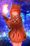  animal_ears breasts cape cat_ears fingerless_gloves fire gloves highres homura_(xenoblade_2) hood jewelry large_breasts looking_at_viewer night red_eyes red_hair short_hair simple_background solo star tarbo_(exxxpiation) thighhighs tiara xenoblade_(series) xenoblade_2 