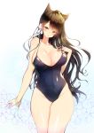  animal_ears atago_(azur_lane) azur_lane bangs black_hair blush bow bracelet breasts commentary_request covered_navel extra_ears eyebrows_visible_through_hair jewelry large_breasts long_hair looking_at_viewer mole mole_under_eye one-piece_swimsuit ribbon solo swept_bangs swimsuit tp_(kido_94) white_bow white_ribbon 