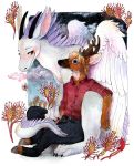  anthro blonde_hair blue_eyes cervine chital claws cloven_hooves deer-spangle dewclaws dragon duo feathered_wings feathers female feral hair hooves invalid_background male mammal plant poodlewool spots sundew wings zephyr_(dragon) 