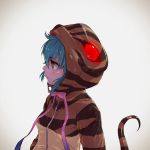  bangs blue_hair breasts bright_pupils brown_eyes closed_mouth eyebrows_visible_through_hair frown hair_between_eyes highres hood hood_up kemono_friends nose pink_ribbon profile realistic ribbon short_hair small_breasts snake_tail solo striped_tail tail tail_raised takami_masahiro tsuchinoko_(kemono_friends) upper_body white_pupils 