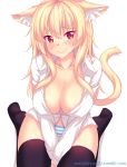  animal_ears black_legwear blonde_hair blush breasts cat_ears cat_tail cleavage closed_mouth collarbone dress_shirt eyebrows_visible_through_hair fast-runner-2024 from_above highres large_breasts long_hair looking_at_viewer no_pants original panties red_eyes shirt sitting solo striped striped_panties tail thighhighs tiffy underwear wariza watermark web_address white_background 