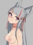  absurdres animal_ears breasts closed_mouth fox_ears from_side grey_background grey_hair hair_ornament highres long_hair looking_at_viewer looking_to_the_side medium_breasts nezuko nipples nude original purple_eyes simple_background sketch smile solo tears upper_body 