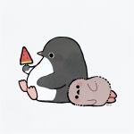  bird black_border black_eyes blush border chibi chick food grey_background holding holding_food lying no_humans on_side original penguin popsicle signature simple_background sitting watermelon_bar 