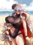  azur_lane bangs beach black_swimsuit blue_swimsuit blunt_bangs blush breast_rest breasts breasts_on_head cape choker commentary_request day eyebrows_visible_through_hair flower fur-trimmed_cape fur_trim graf_zeppelin_(azur_lane) hair_between_eyes hair_flower hair_ornament hat height_difference highres hips huge_breasts jacket long_hair melon22 mole mole_under_eye multiple_girls navel navel_cutout ocean off_shoulder one-piece_swimsuit one_eye_closed open_clothes open_jacket petting red_eyes silver_hair sparkle straw_hat sweat swimsuit thighs very_long_hair white_jacket yellow_eyes z46_(azur_lane) 