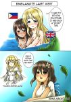  2koma annamakko-tan artist_name bangs bathing blonde_hair blue_bow blush bow chin_rest comic commentary england eyebrows_visible_through_hair flower hair_between_eyes hair_bow hair_flower hair_ornament lake leaf long_hair long_sleeves looking_at_another multiple_girls nude open_mouth original personification philippines projected_inset real_life short_sleeves smile united_kingdom yuri 