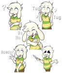  2018 anthro asriel_dreemurr blush boss_monster_(undertale) bovid caprine clothed clothing crackers eyes_closed gesture green_eyes heart_symbol jewelry knife laugh looking_at_viewer male mammal necklace open_mouth pattern_clothing pattern_shirt pattern_topwear question_mark red_eyes shirt simple_background solo striped_clothing striped_shirt striped_topwear stripes topwear undertale undertale_(series) waving white_background young young_anthro young_male 