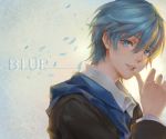  bangs blue_eyes blue_hair brown_jacket collared_shirt commentary_request english hair_between_eyes hand_up jacket long_sleeves looking_at_viewer male_focus original parted_lips petals shangguan_feiying shirt smile solo upper_body white_shirt wing_collar 